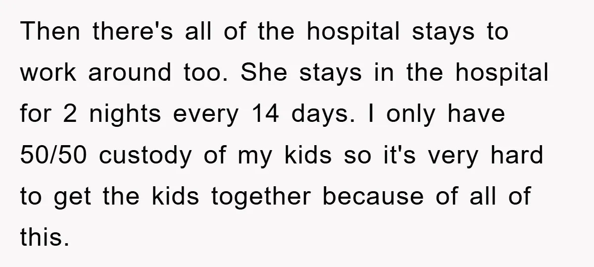 Then there's all of the hospital stays to work around too. She stays in the hospital for 2 nights every 14 days. I only have 50/50 custody of my kids...
