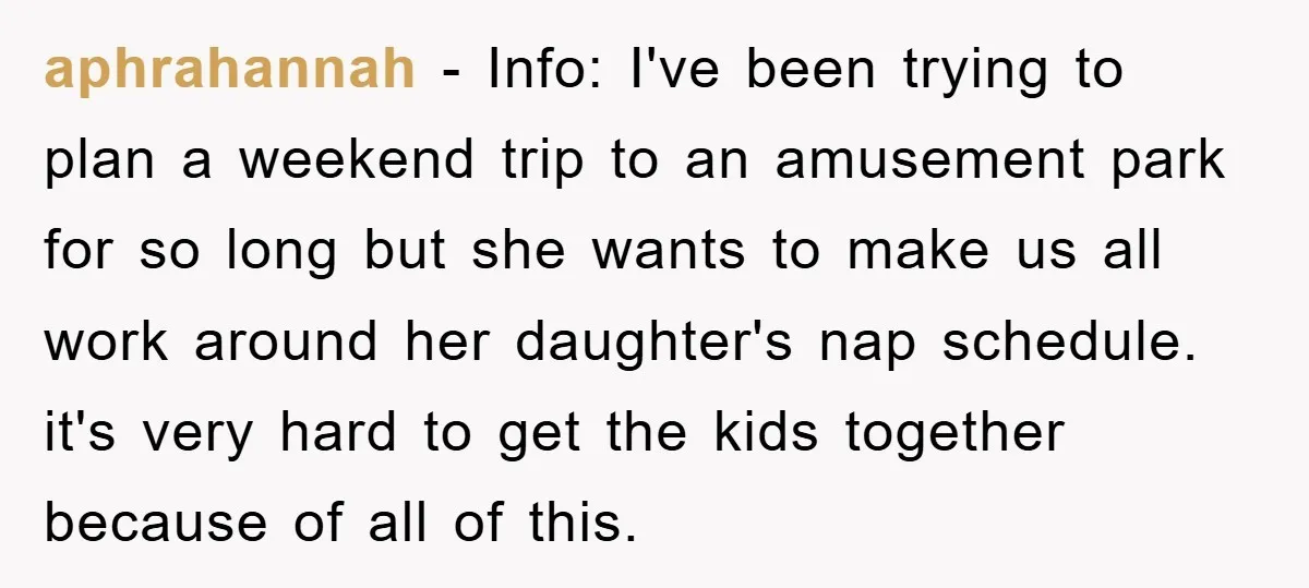 aphrahannah − Info: I've been trying to plan a weekend trip to an amusement park for so long but she wants to make us all work around her daughter's nap...
