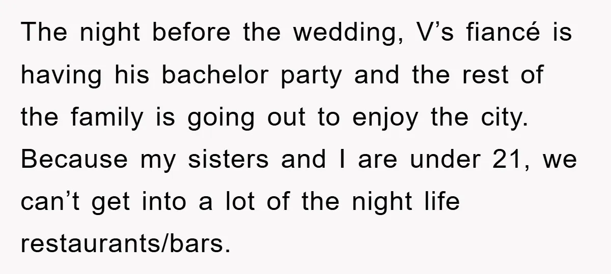 The night before the wedding, V’s fiancé is having his bachelor party and the rest of the family is going out to enjoy the city. Because my sisters and I...