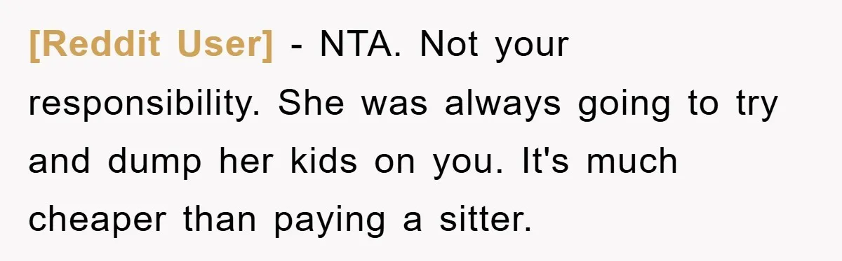 [Reddit User] − NTA. Not your responsibility. She was always going to try and dump her kids on you. It's much cheaper than paying a sitter.