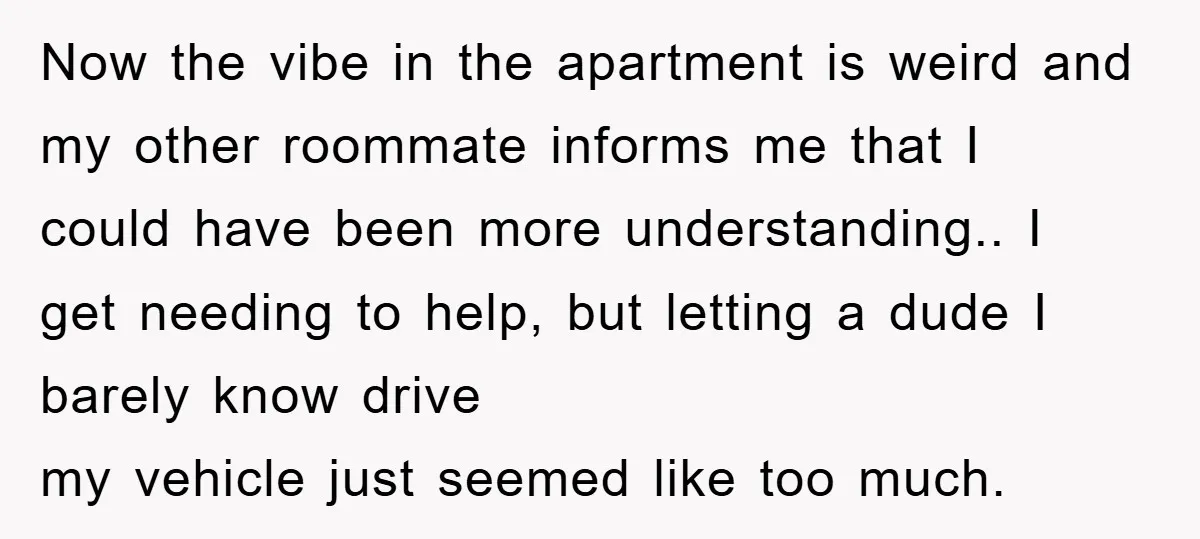 Now the vibe in the apartment is weird and my other roommate informs me that I could have been more understanding.. I get needing to help, but letting a dude...