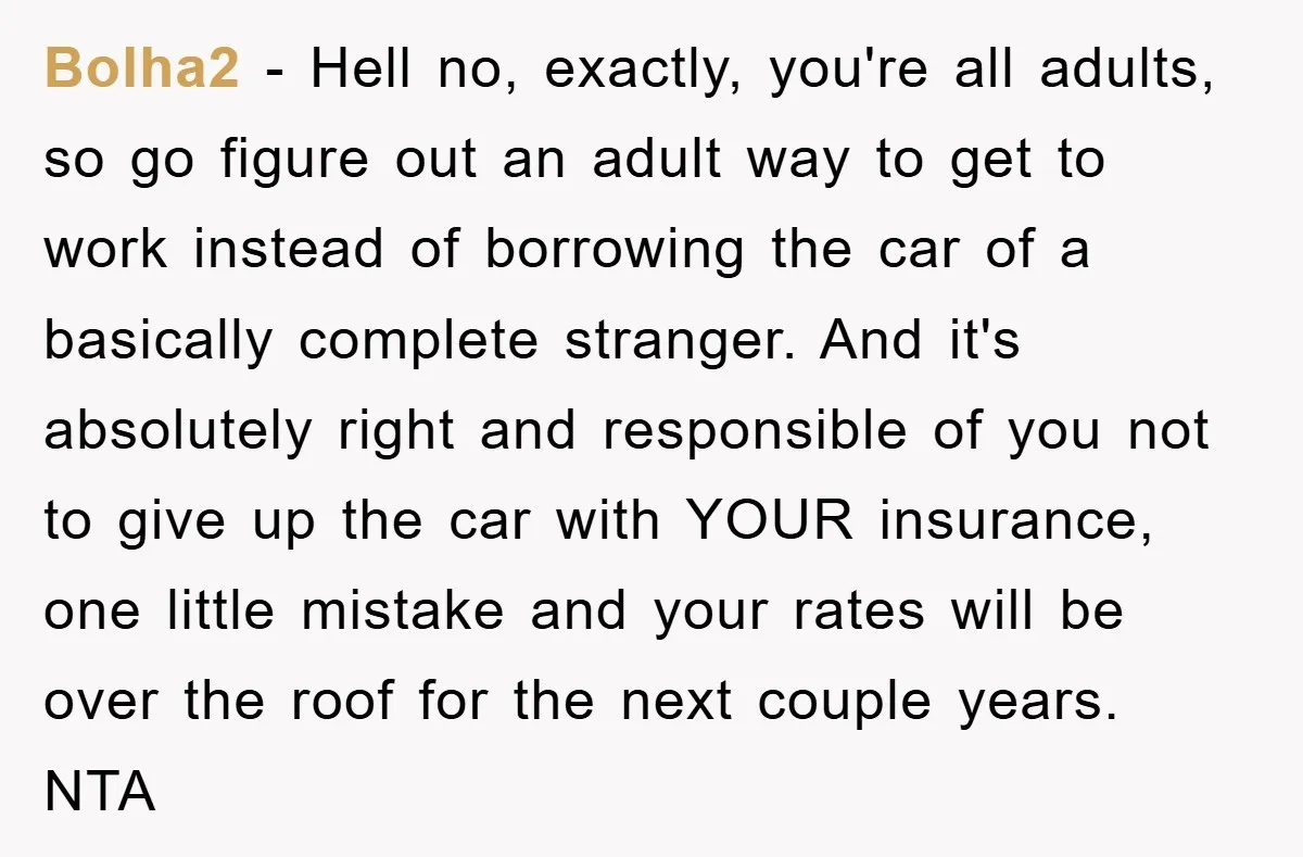 Bolha2 − Hell no, exactly, you're all adults, so go figure out an adult way to get to work instead of borrowing the car of a basically complete stranger. And...