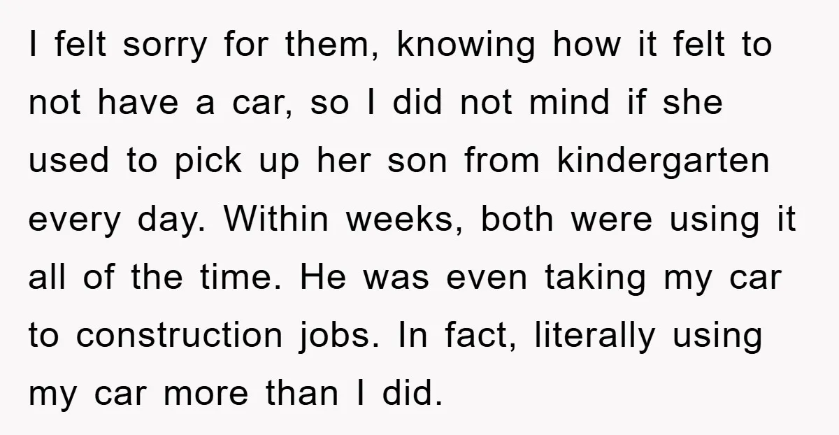 I felt sorry for them, knowing how it felt to not have a car, so I did not mind if she used to pick up her son from kindergarten every...