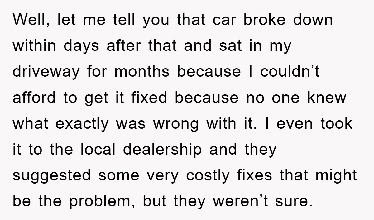 Well, let me tell you that car broke down within days after that and sat in my driveway for months because I couldn’t afford to get it fixed because no...