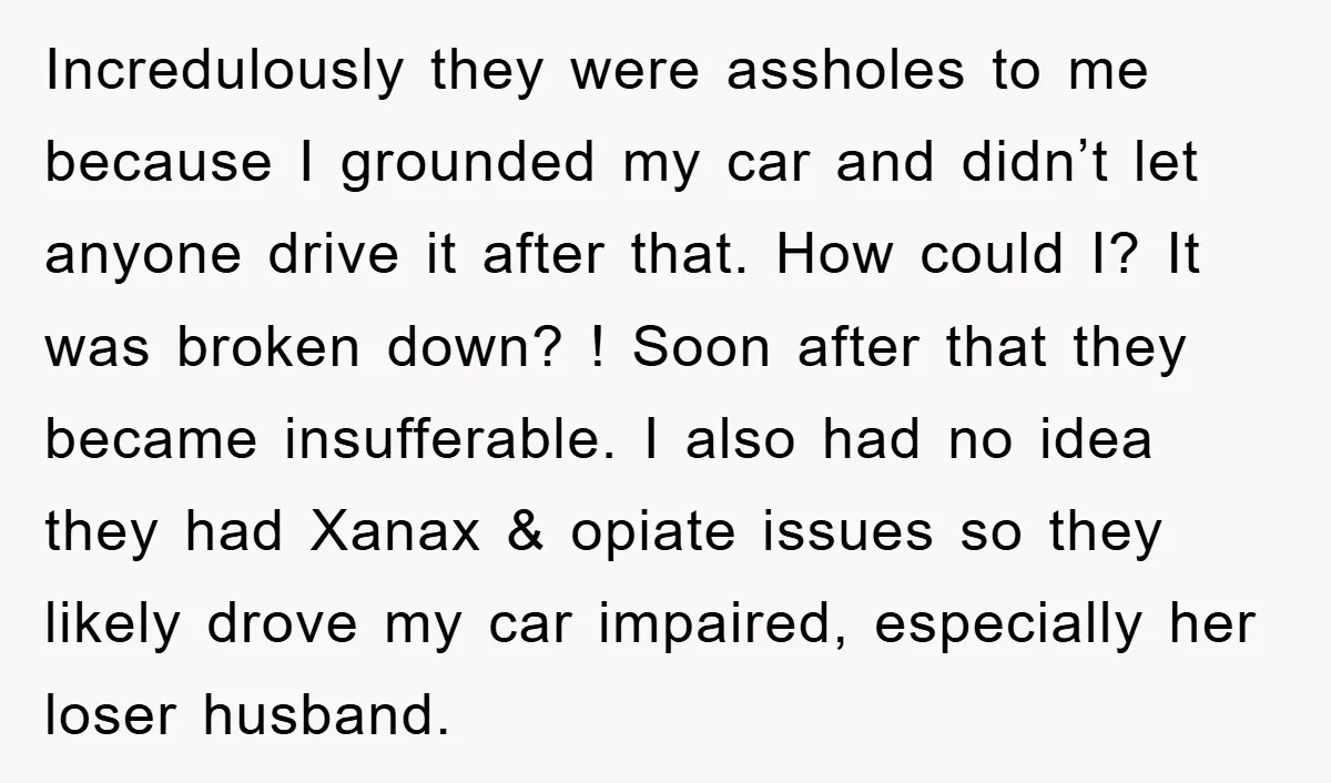 Incredulously they were assholes to me because I grounded my car and didn’t let anyone drive it after that. How could I? It was broken down? ! Soon after that...