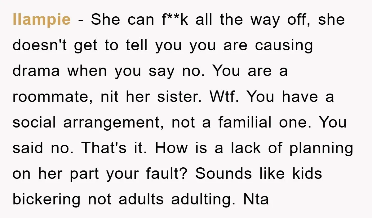 llampie − She can f**k all the way off, she doesn't get to tell you you are causing drama when you say no. You are a roommate, nit her sister....