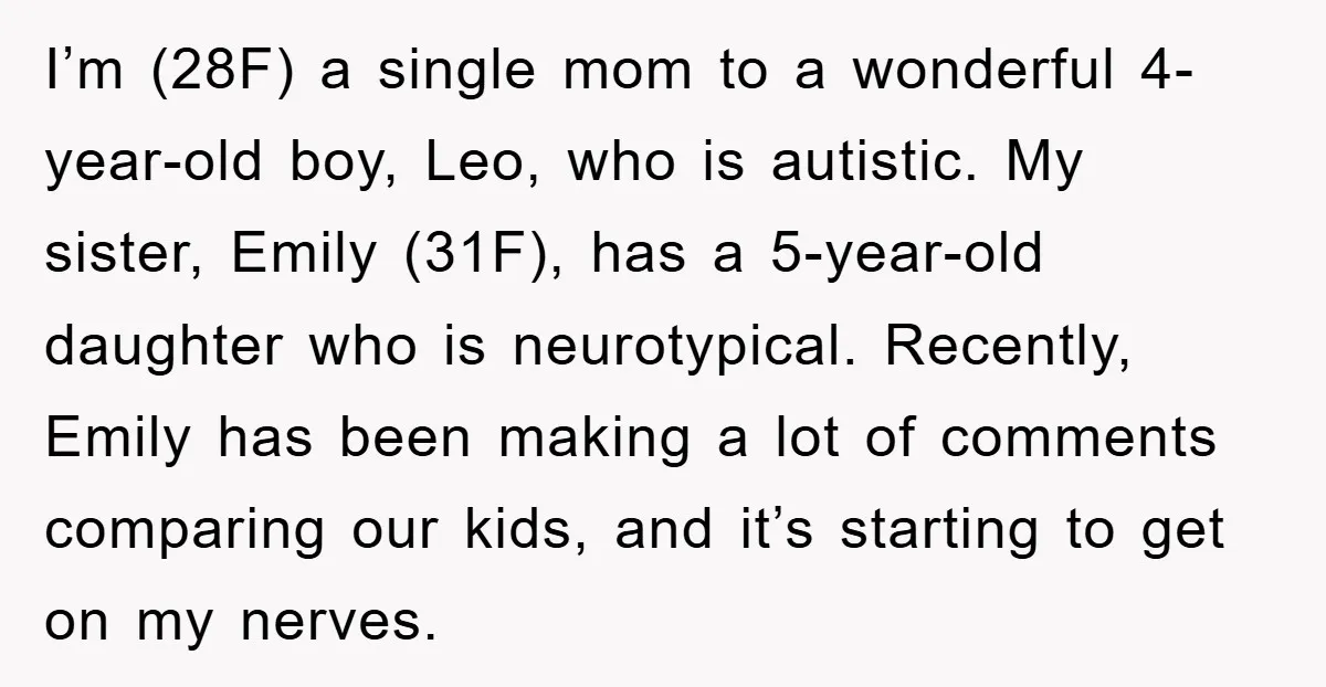 I’m (28F) a single mom to a wonderful 4-year-old boy, Leo, who is autistic. My sister, Emily (31F), has a 5-year-old daughter who is neurotypical. Recently, Emily has been making...