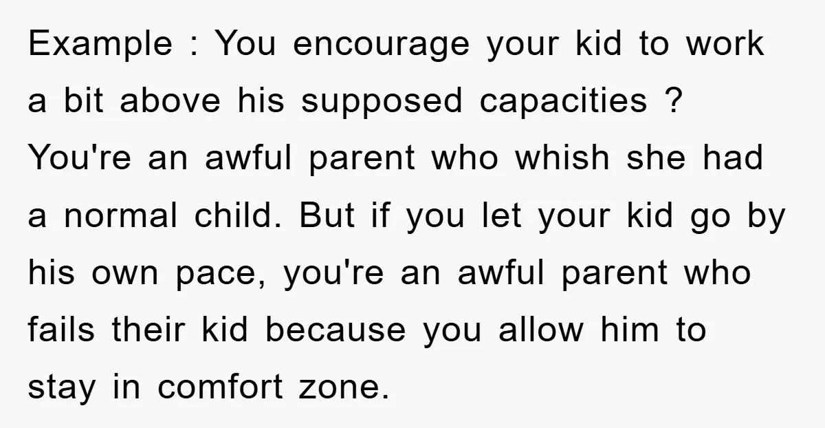 Example : You encourage your kid to work a bit above his supposed capacities ? You're an awful parent who whish she had a normal child. But if you let...
