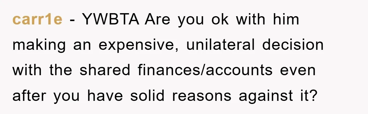 carr1e - YWBTA Are you ok with him making an expensive, unilateral decision with the shared finances/accounts even after you have solid reasons against it?