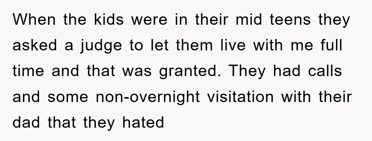When the kids were in their mid teens they asked a judge to let them live with me full time and that was granted. They had calls and some non-overnight...