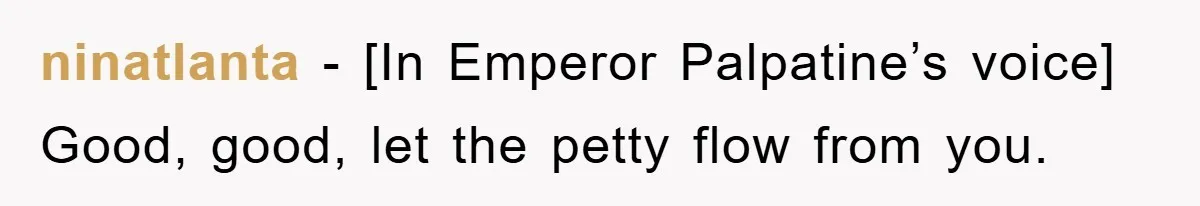 ninatlanta - [In Emperor Palpatine’s voice] Good, good, let the petty flow from you.