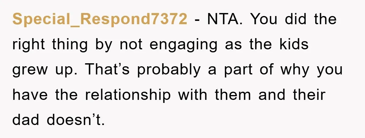 Special_Respond7372 - NTA. You did the right thing by not engaging as the kids grew up. That’s probably a part of why you have the relationship with them and their...