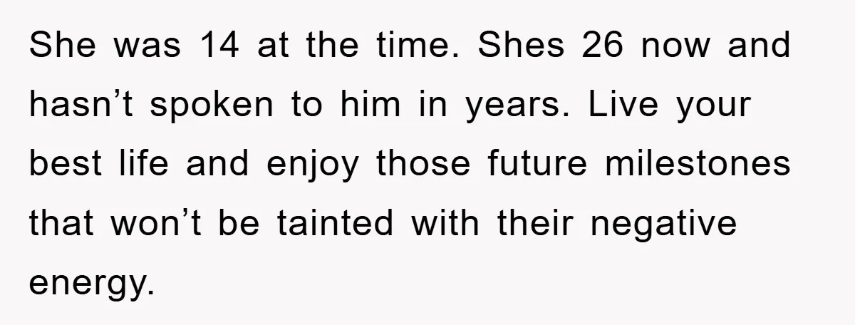 She was 14 at the time. Shes 26 now and hasn’t spoken to him in years. Live your best life and enjoy those future milestones that won’t be tainted with...