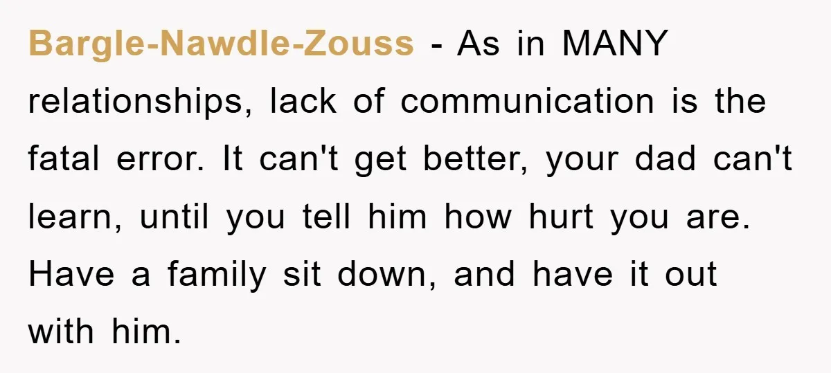 Bargle-Nawdle-Zouss − As in MANY relationships, lack of communication is the fatal error. It can't get better, your dad can't learn, until you tell him how hurt you are. Have...