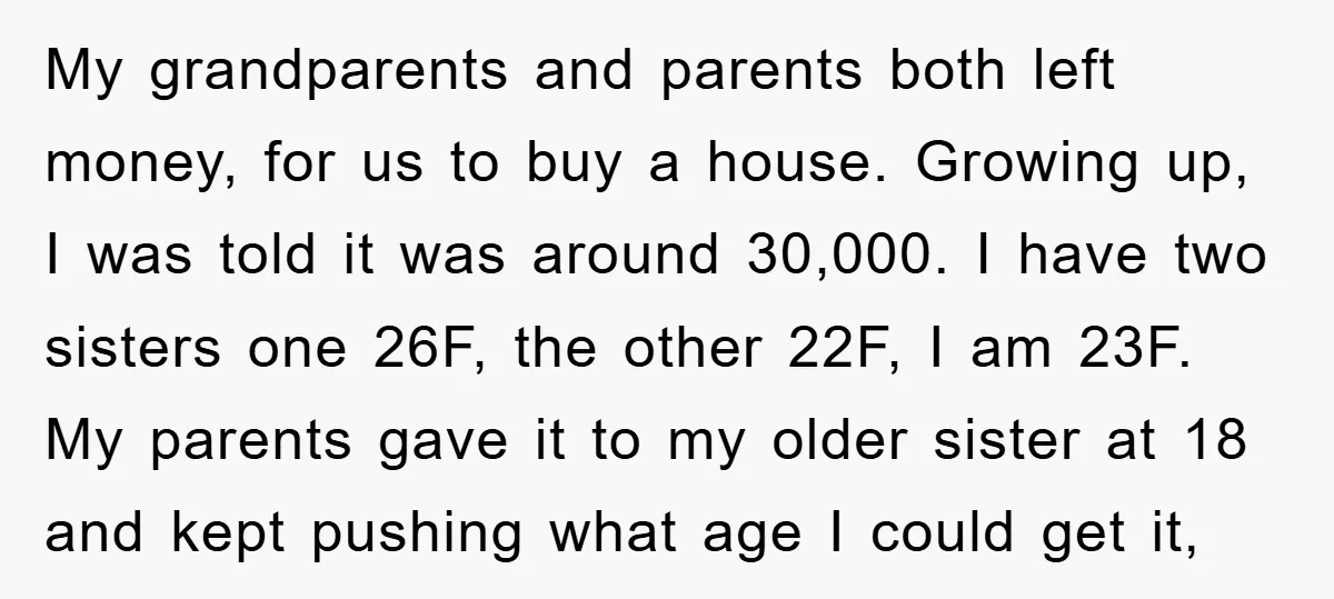 My grandparents and parents both left money, for us to buy a house. Growing up, I was told it was around 30,000. I have two sisters one 26F, the other...