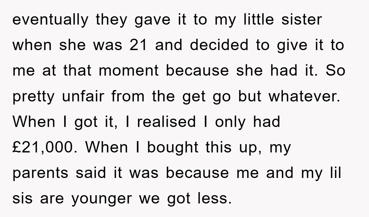 eventually they gave it to my little sister when she was 21 and decided to give it to me at that moment because she had it. So pretty unfair from...