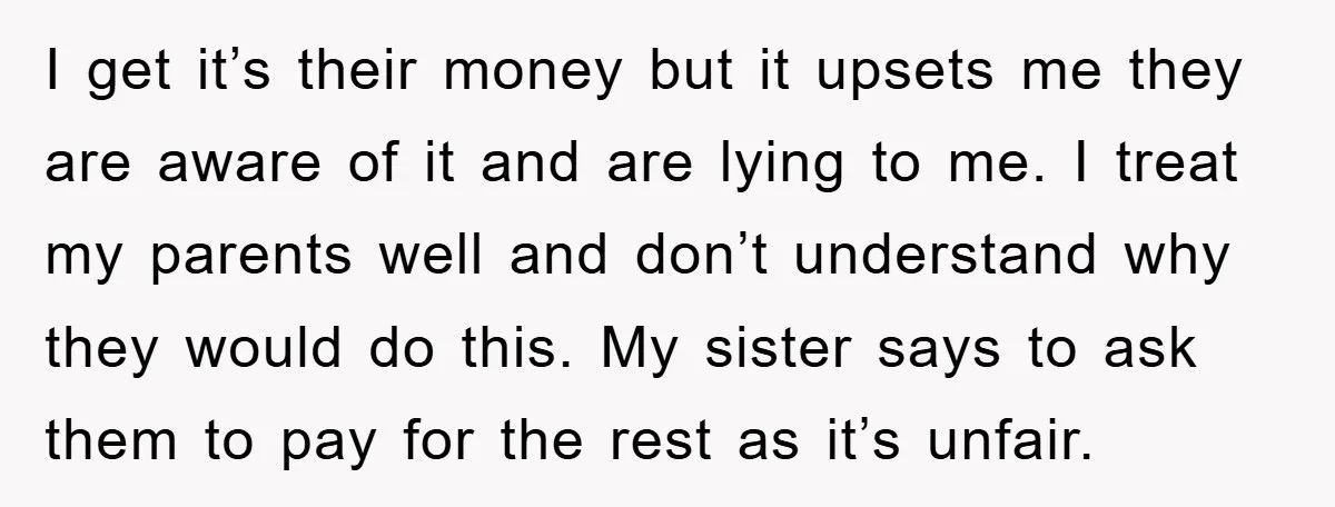 I get it’s their money but it upsets me they are aware of it and are lying to me. I treat my parents well and don’t understand why they would...