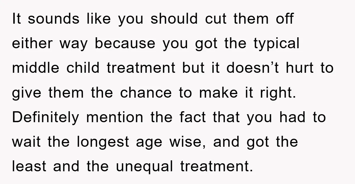 It sounds like you should cut them off either way because you got the typical middle child treatment but it doesn’t hurt to give them the chance to make it...