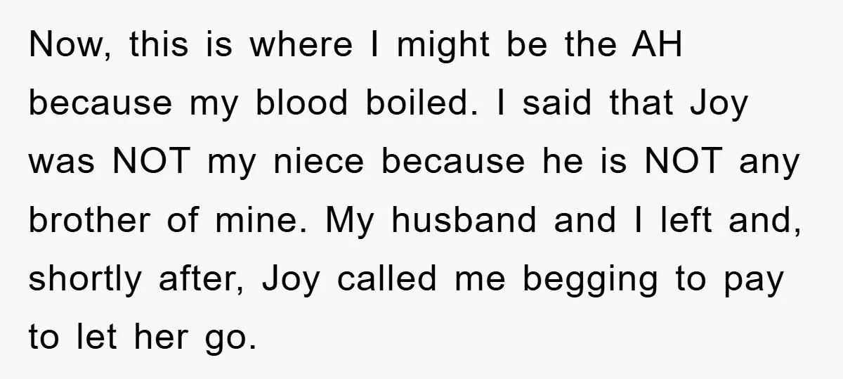 Now, this is where I might be the AH because my blood boiled. I said that Joy was NOT my niece because he is NOT any brother of mine. My...