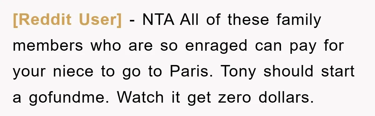 [Reddit User] − NTA All of these family members who are so enraged can pay for your niece to go to Paris. Tony should start a gofundme. Watch it get...