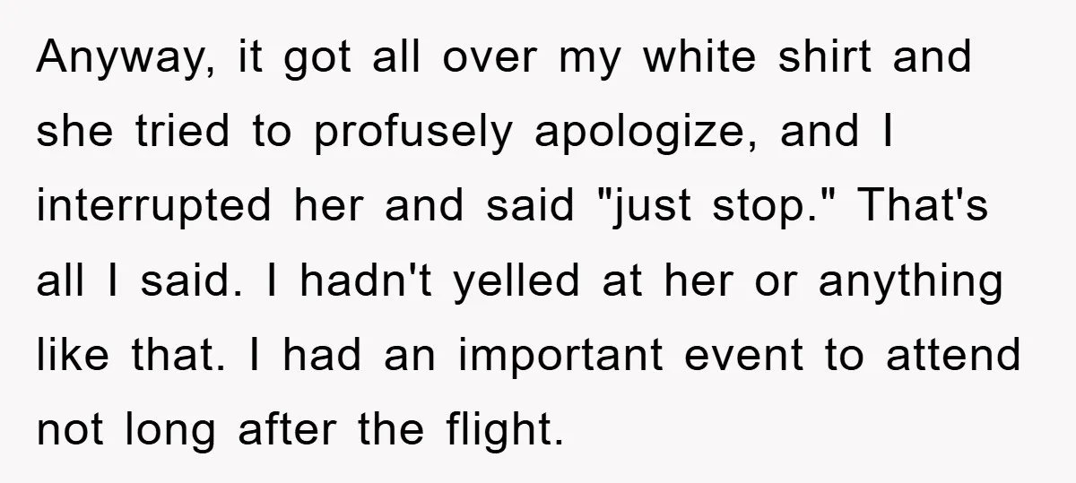 Anyway, it got all over my white shirt and she tried to profusely apologize, and I interrupted her and said "just stop." That's all I said. I hadn't yelled at...