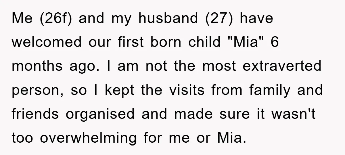 Me (26f) and my husband (27) have welcomed our first born child "Mia" 6 months ago. I am not the most extraverted person, so I kept the visits from family...