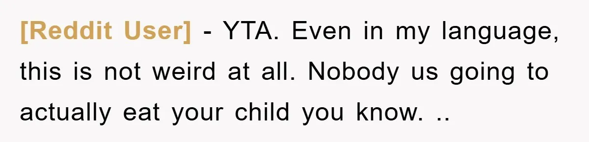 [Reddit User] - YTA. Even in my language, this is not weird at all. Nobody us going to actually eat your child you know. ..
