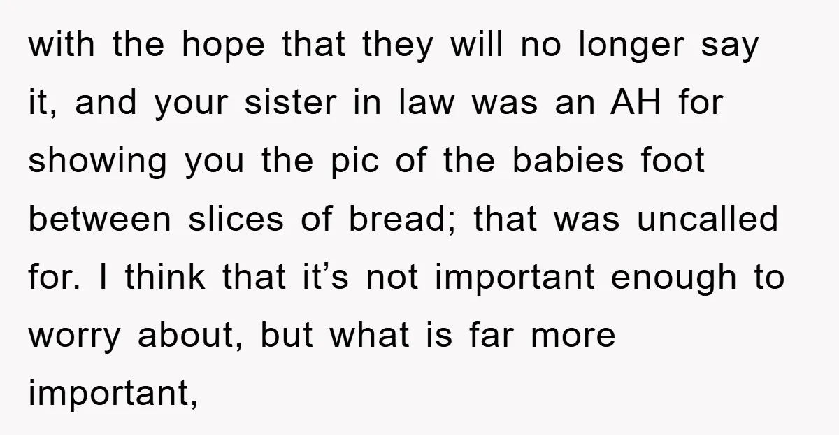 with the hope that they will no longer say it, and your sister in law was an AH for showing you the pic of the babies foot between slices of...