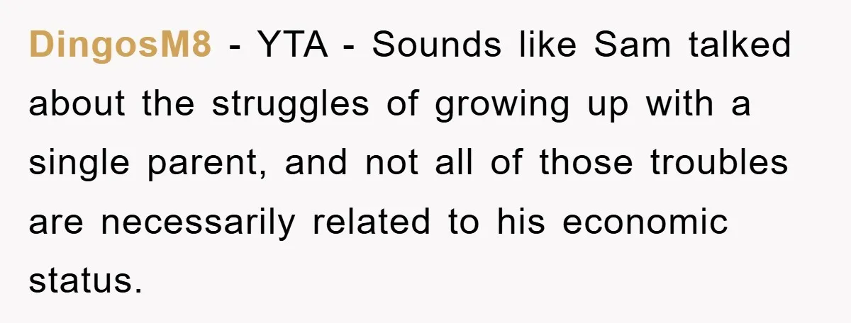DingosM8 − YTA - Sounds like Sam talked about the struggles of growing up with a single parent, and not all of those troubles are necessarily related to his economic...