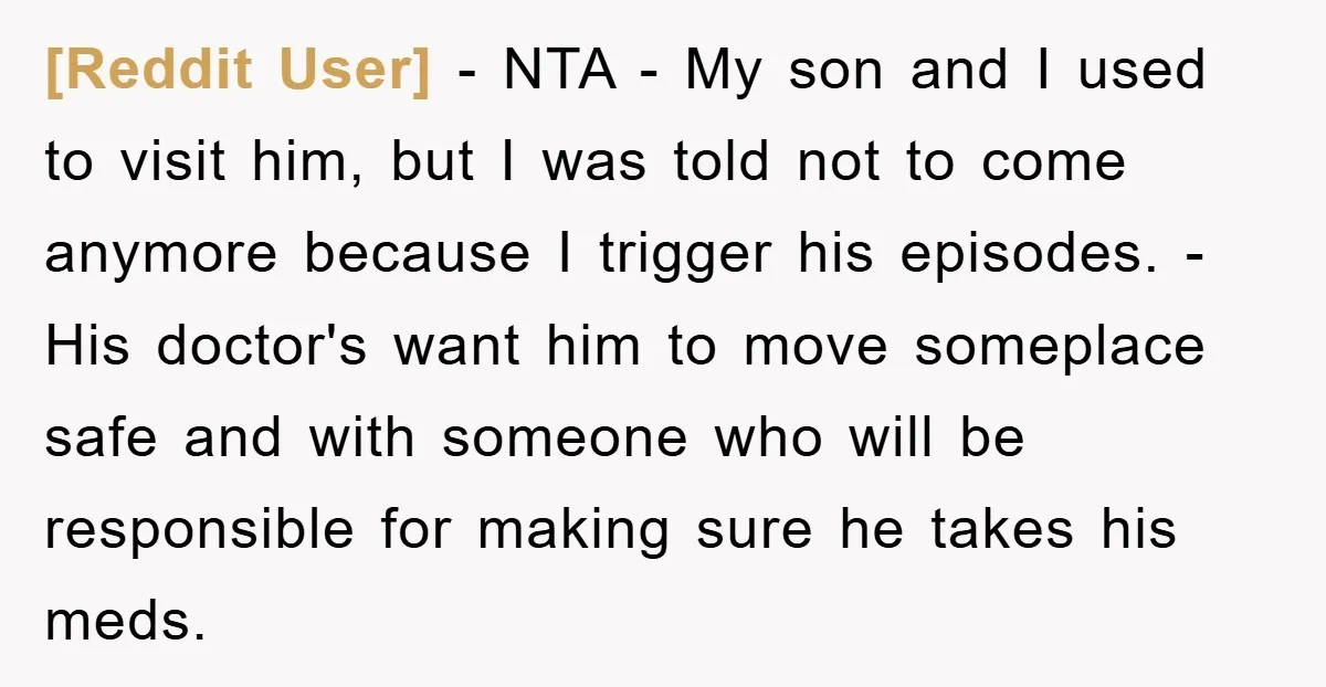 [Reddit User] - NTA - My son and I used to visit him, but I was told not to come anymore because I trigger his episodes. - His doctor's want...