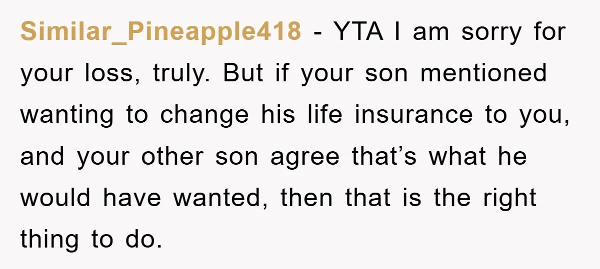 Similar_Pineapple418 - YTA I am sorry for your loss, truly. But if your son mentioned wanting to change his life insurance to you, and your other son agree that’s what...