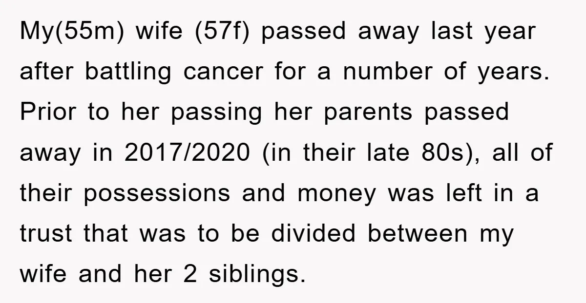 My(55m) wife (57f) passed away last year after battling cancer for a number of years. Prior to her passing her parents passed away in 2017/2020 (in their late 80s), all...
