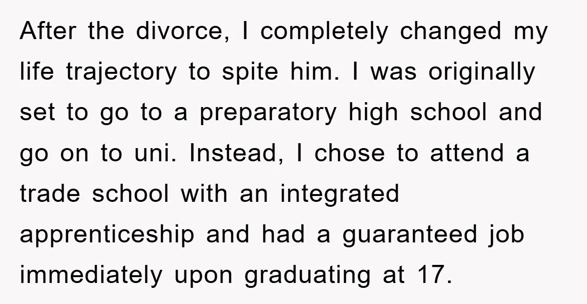 After the divorce, I completely changed my life trajectory to spite him. I was originally set to go to a preparatory high school and go on to uni. Instead, I...