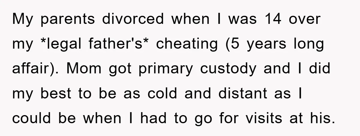 My parents divorced when I was 14 over my *legal father's* cheating (5 years long affair). Mom got primary custody and I did my best to be as cold and...