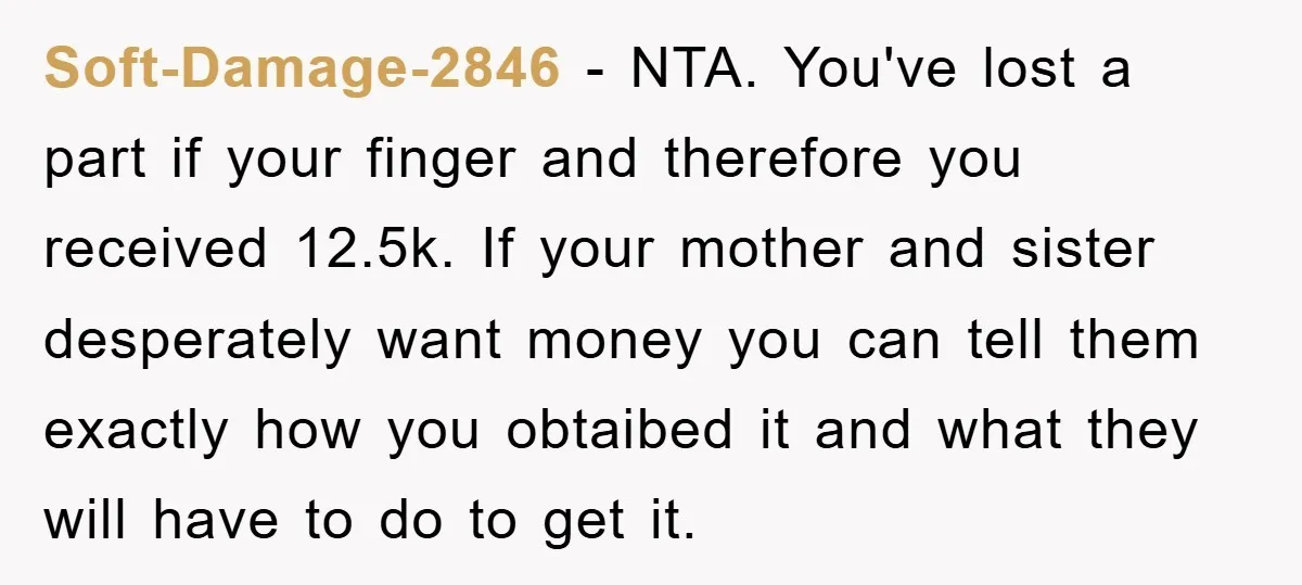 Soft-Damage-2846 − NTA. You've lost a part if your finger and therefore you received 12.5k. If your mother and sister desperately want money you can tell them exactly how you...