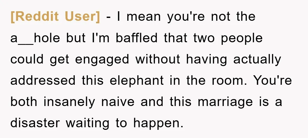 [Reddit User] − I mean you're not the a__hole but I'm baffled that two people could get engaged without having actually addressed this elephant in the room. You're both insanely...