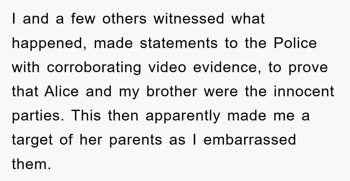 I and a few others witnessed what happened, made statements to the Police with corroborating video evidence, to prove that Alice and my brother were the innocent parties. This then...