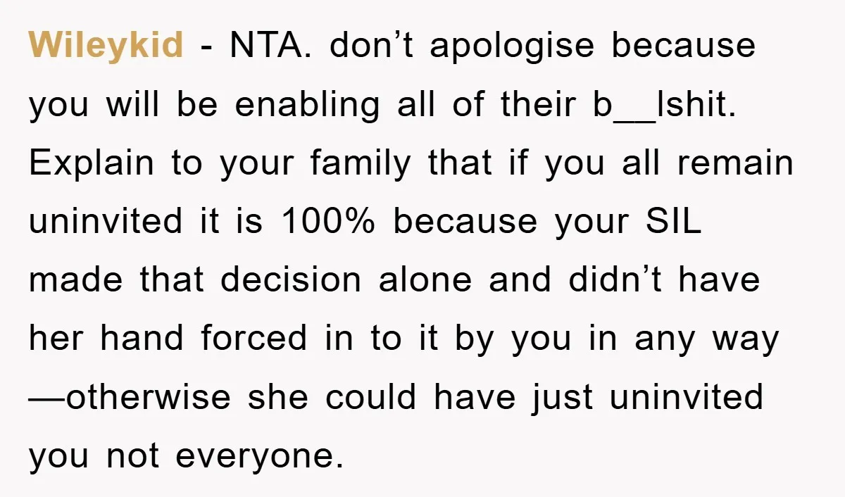 Wileykid − NTA. don’t apologise because you will be enabling all of their b__lshit. Explain to your family that if you all remain uninvited it is 100% because your SIL...