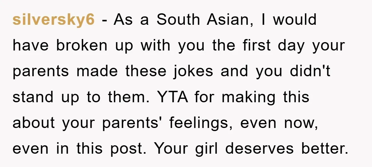 silversky6 − As a South Asian, I would have broken up with you the first day your parents made these jokes and you didn't stand up to them. YTA for...