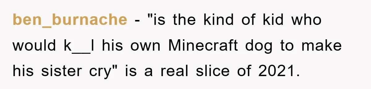 ben_burnache − "is the kind of kid who would k__l his own Minecraft dog to make his sister cry" is a real slice of 2021.