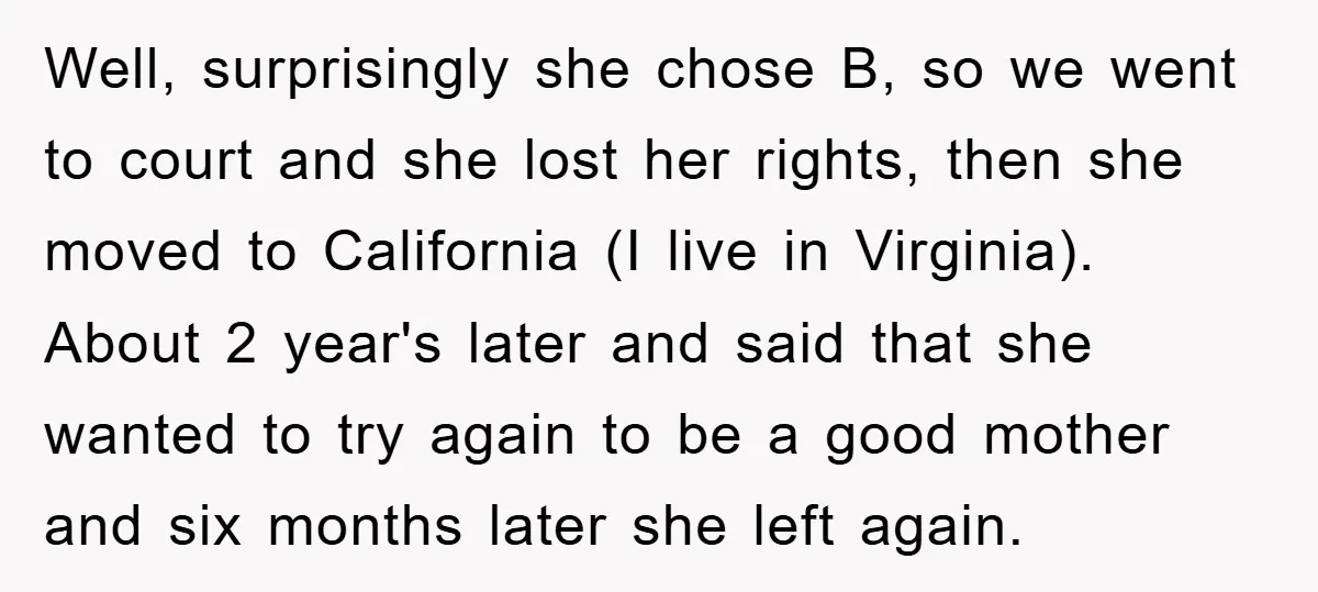 Well, surprisingly she chose B, so we went to court and she lost her rights, then she moved to California (I live in Virginia). About 2 year's later and said...