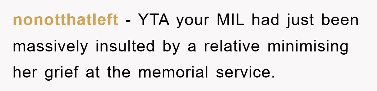 nonotthatleft − YTA your MIL had just been massively insulted by a relative minimising her grief at the memorial service.