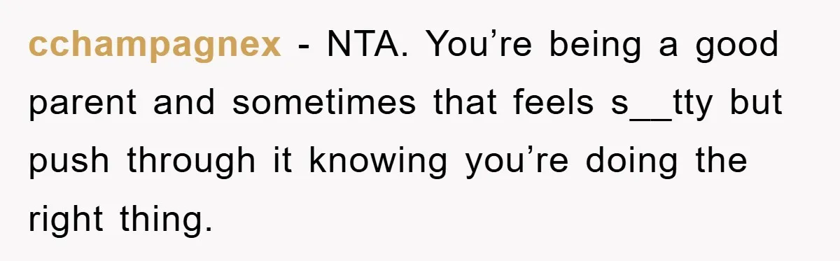 cchampagnex − NTA. You’re being a good parent and sometimes that feels s__tty but push through it knowing you’re doing the right thing.