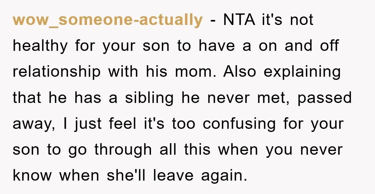 wow_someone-actually − NTA it's not healthy for your son to have a on and off relationship with his mom. Also explaining that he has a sibling he never met, passed...