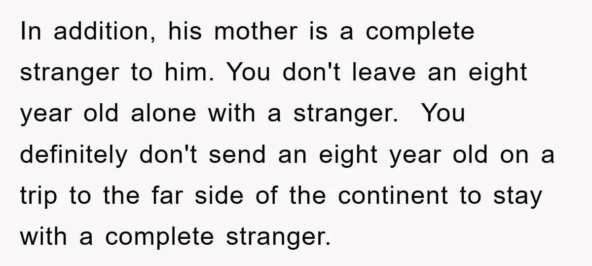 In addition, his mother is a complete stranger to him. You don't leave an eight year old alone with a stranger. You definitely don't send an eight year old on...