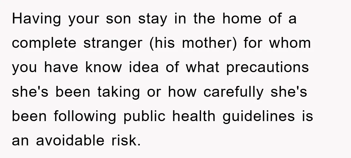 Having your son stay in the home of a complete stranger (his mother) for whom you have know idea of what precautions she's been taking or how carefully she's been...