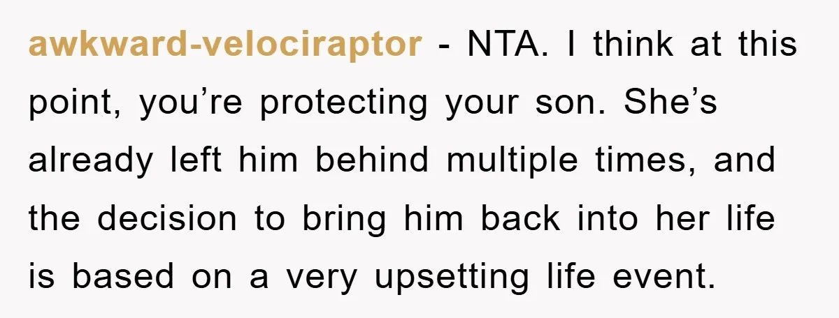 awkward-velociraptor − NTA. I think at this point, you’re protecting your son. She’s already left him behind multiple times, and the decision to bring him back into her life is...