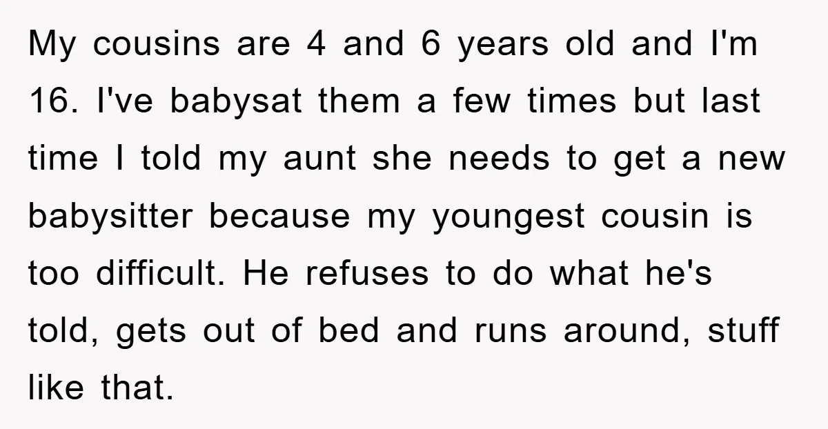 My cousins are 4 and 6 years old and I'm 16. I've babysat them a few times but last time I told my aunt she needs to get a new...
