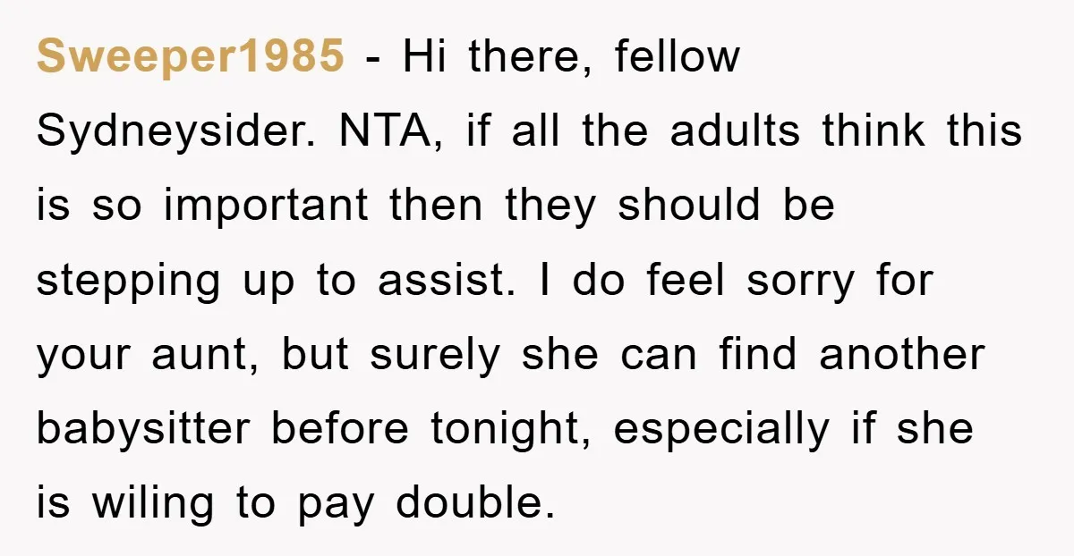 Sweeper1985 − Hi there, fellow Sydneysider. NTA, if all the adults think this is so important then they should be stepping up to assist. I do feel sorry for your...