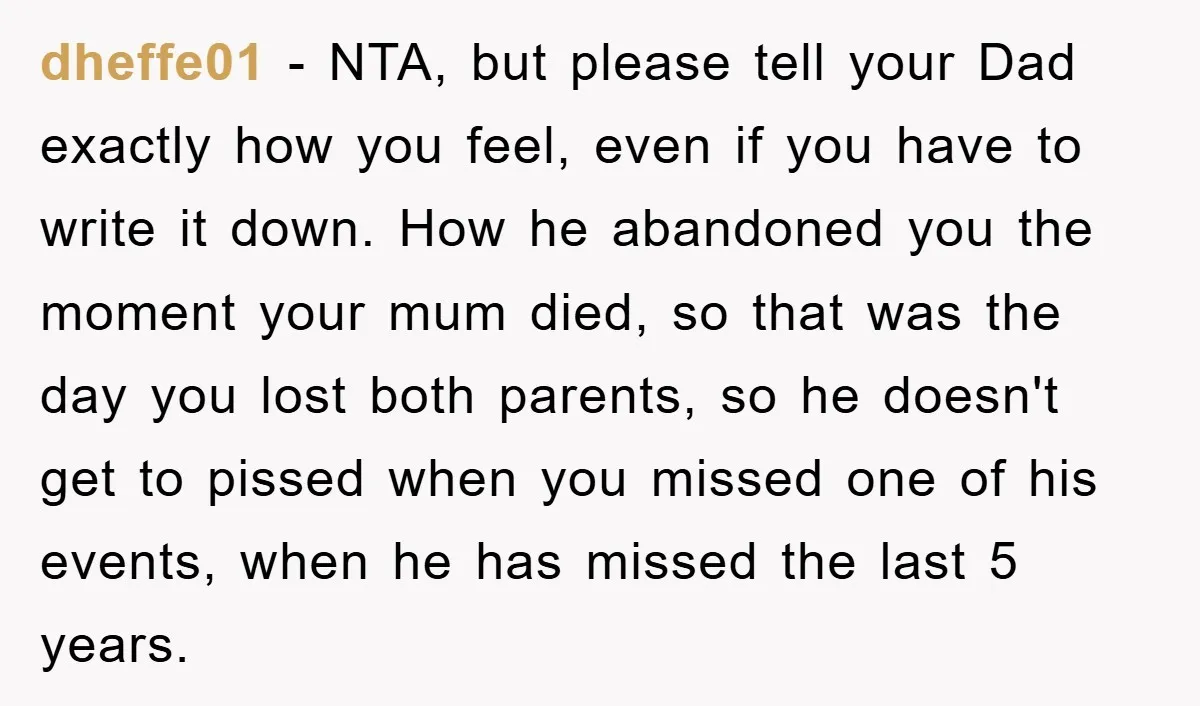 dheffe01 − NTA, but please tell your Dad exactly how you feel, even if you have to write it down. How he abandoned you the moment your mum died, so...